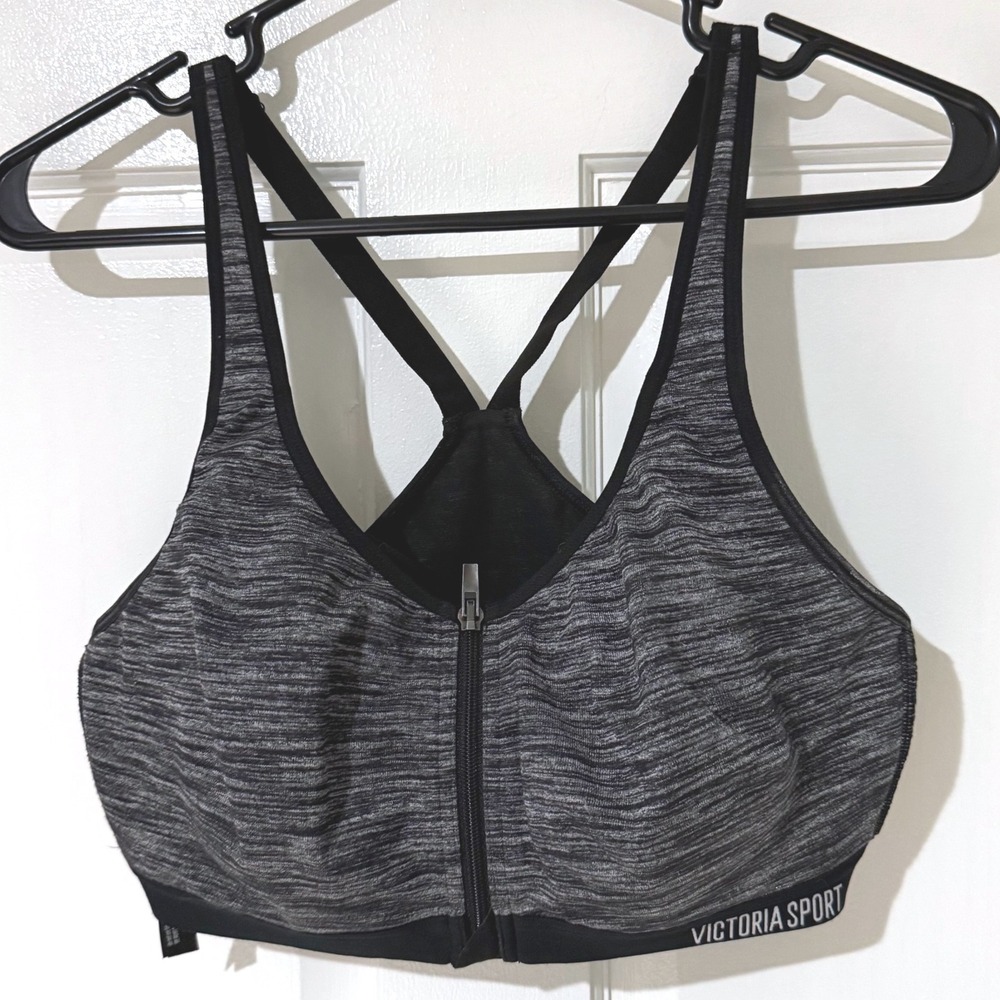 Victoria Sport Front Close Sport Bra 36C Heathered Gray Black Zip Racerback